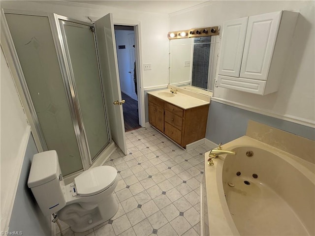 full bathroom featuring vanity, plus walk in shower, tile patterned floors, toilet, and ornamental molding