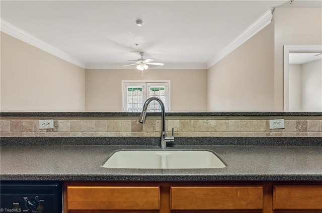 details featuring a ceiling fan, a sink, black dishwasher, dark countertops, and crown molding