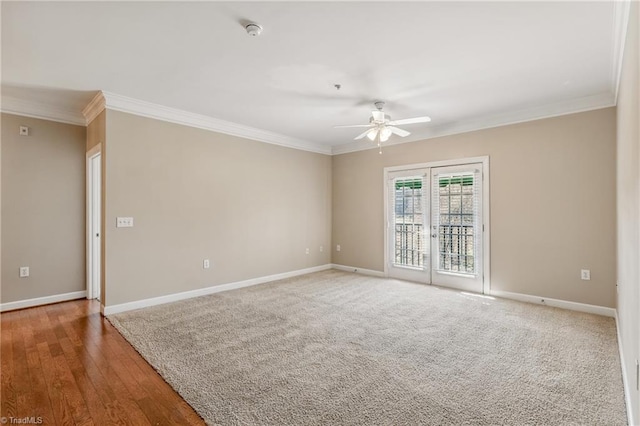 empty room with baseboards, crown molding, and ceiling fan