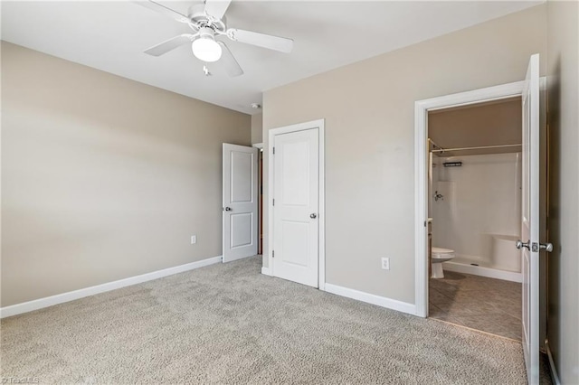 unfurnished bedroom with carpet, baseboards, and ceiling fan