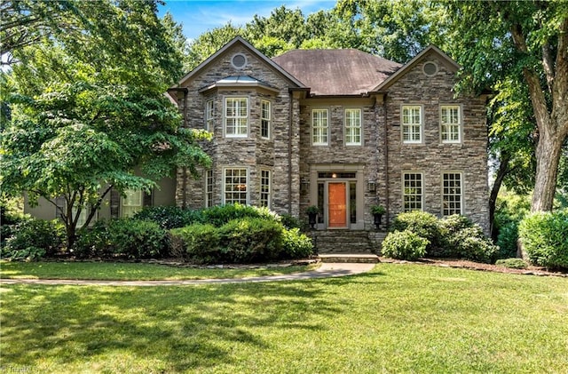 1420 Thornhill Ln, Winston-Salem, NC 27106 - view of front of home with stone siding and a front lawn