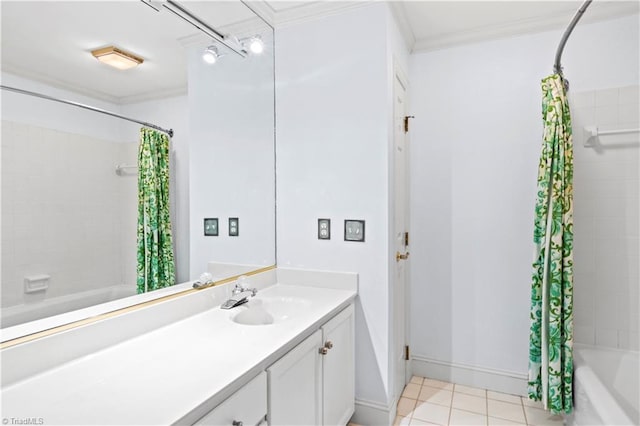 1420 Thornhill Ln, Winston-Salem, NC 27106 - full bathroom with shower / bathtub combination with curtain, vanity, ornamental molding, and tile patterned flooring