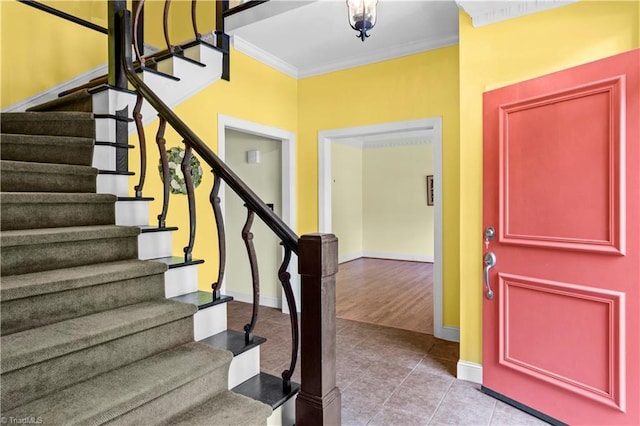1420 Thornhill Ln, Winston-Salem, NC 27106 - entrance foyer with ornamental molding, stairway, and light tile patterned floors