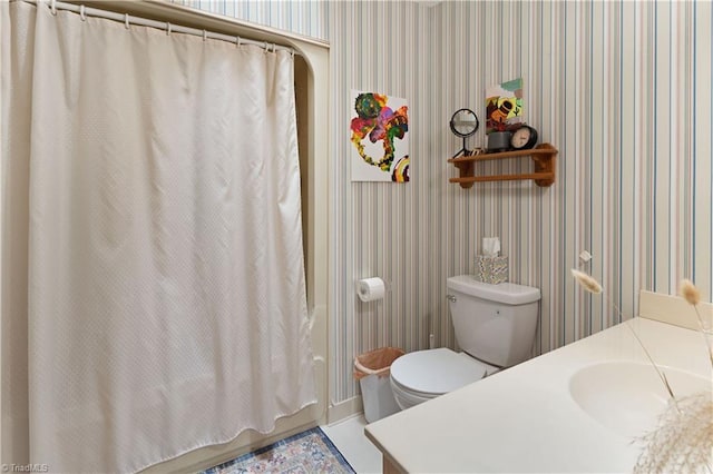 2429 Cypress Ct, High Point, NC 27265 - bathroom with wallpapered walls, vanity, and shower / tub combo with curtain