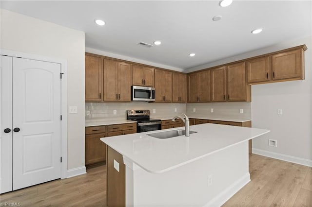 kitchen featuring brown cabinets, stainless steel appliances, visible vents, a sink, and light wood-type flooring