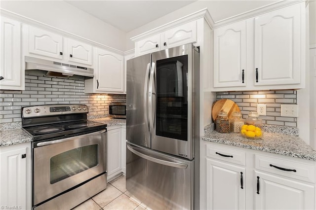 4636 Shattalon Cir, Winston-Salem, NC 27106 - kitchen with appliances with stainless steel finishes, under cabinet range hood, decorative backsplash, white cabinets, and light stone counters