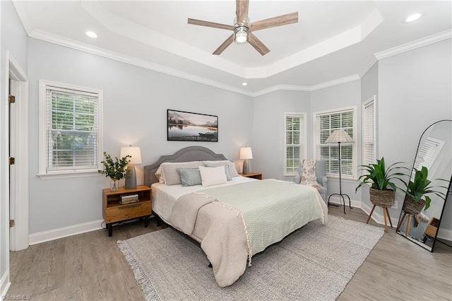 4636 Shattalon Cir, Winston-Salem, NC 27106 - bedroom featuring a tray ceiling, light wood-type flooring, baseboards, recessed lighting, and a ceiling fan