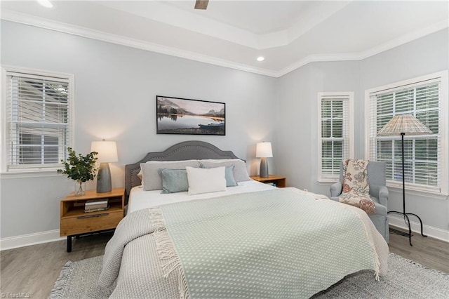 4636 Shattalon Cir, Winston-Salem, NC 27106 - bedroom featuring wood finished floors, baseboards, ornamental molding, a tray ceiling, and recessed lighting