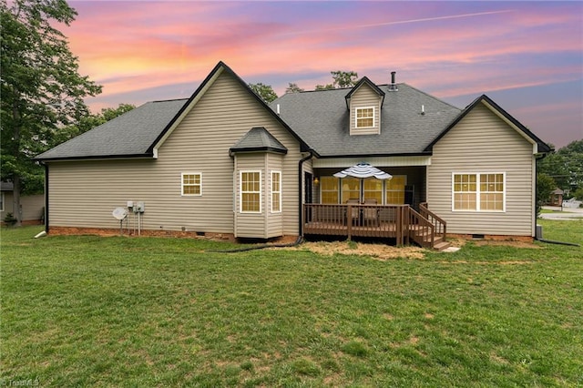 4636 Shattalon Cir, Winston-Salem, NC 27106 - back of property at dusk featuring crawl space, a deck, a lawn, and a shingled roof