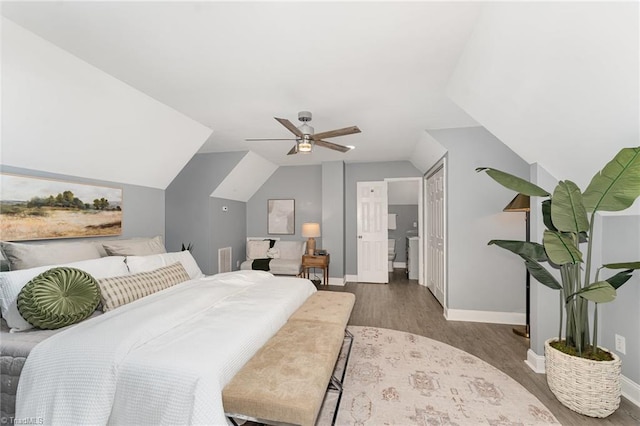 4636 Shattalon Cir, Winston-Salem, NC 27106 - bedroom featuring vaulted ceiling, wood finished floors, baseboards, and a ceiling fan