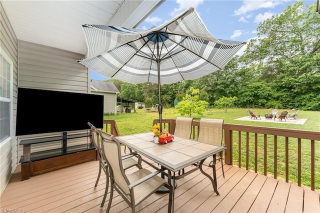 4636 Shattalon Cir, Winston-Salem, NC 27106 - wooden terrace featuring a fire pit, outdoor dining area, and a lawn