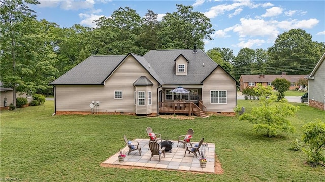 4636 Shattalon Cir, Winston-Salem, NC 27106 - back of property with an outdoor fire pit, a wooden deck, a patio area, and a yard
