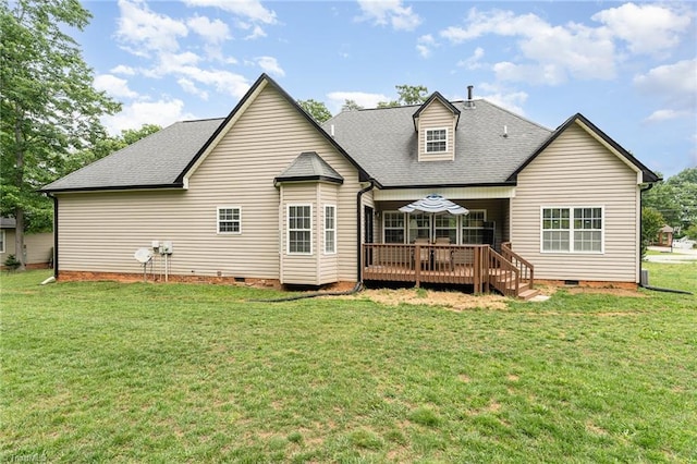4636 Shattalon Cir, Winston-Salem, NC 27106 - rear view of house with crawl space, a wooden deck, roof with shingles, and a yard