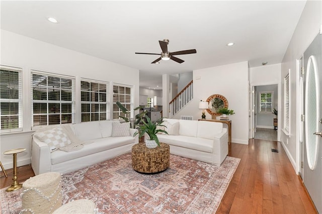 4636 Shattalon Cir, Winston-Salem, NC 27106 - living area with a ceiling fan, stairs, wood-type flooring, baseboards, and recessed lighting