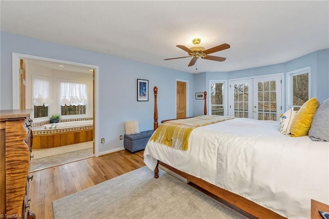 bedroom with french doors, ceiling fan, light hardwood / wood-style floors, and access to outside