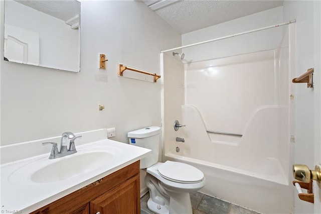 full bath with shower / washtub combination, toilet, a textured ceiling, and vanity