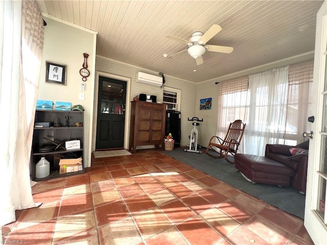 living area with wood ceiling, ceiling fan, tile patterned flooring, ornamental molding, and an AC wall unit