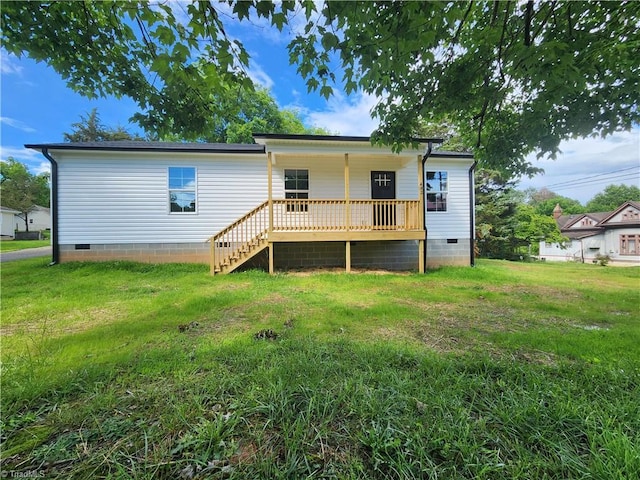 402 High Point St, Randleman, NC 27317 - rear view of property with crawl space, a lawn, a wooden deck, and stairs