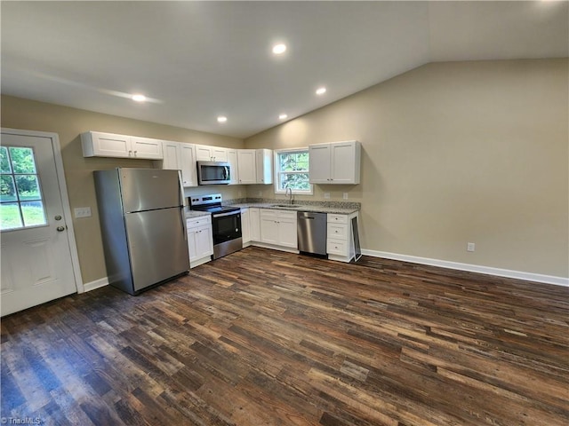 402 High Point St, Randleman, NC 27317 - kitchen featuring stainless steel appliances, a sink, lofted ceiling, dark wood finished floors, and baseboards