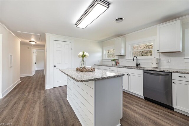 kitchen featuring white cabinetry, a sink, dark wood-type flooring, stainless steel dishwasher, and a center island