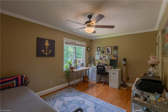1160 Flinty Knoll Rd, Pinnacle, NC 27043 - office area featuring a ceiling fan, a textured ceiling, light wood finished floors, ornamental molding, and baseboards