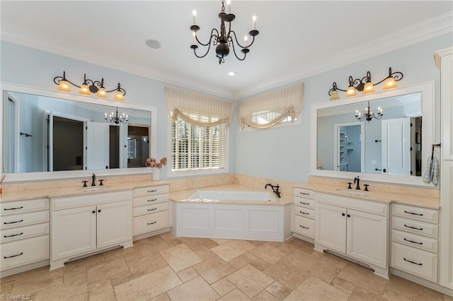 bathroom with crown molding and a chandelier