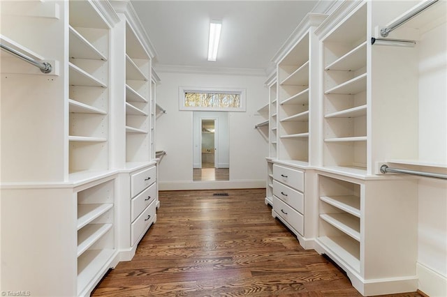 spacious closet with dark hardwood / wood-style floors