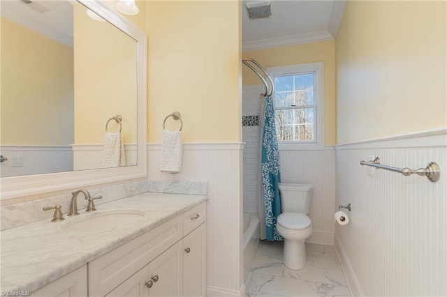 full bathroom with shower / tub combo, vanity, ornamental molding, and toilet