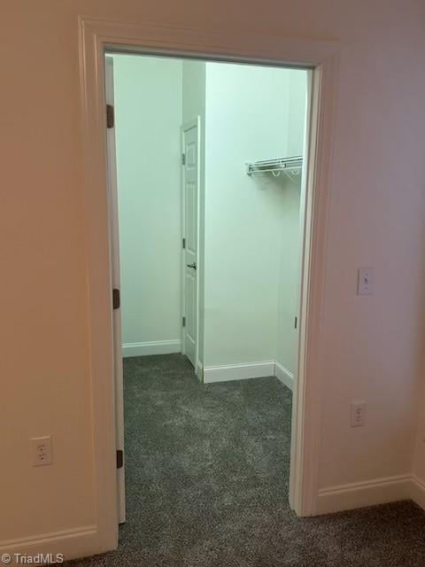 hallway with baseboards and carpet flooring