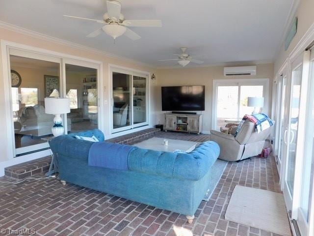 living room with crown molding, an AC wall unit, and ceiling fan