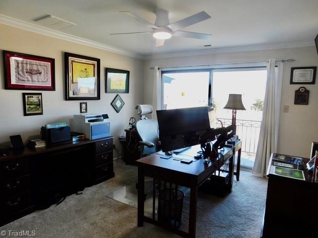 carpeted office with crown molding, a wealth of natural light, and ceiling fan