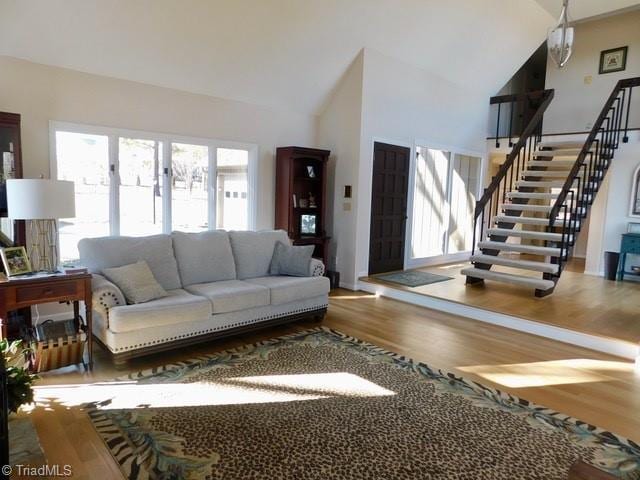 living room with wood-type flooring and high vaulted ceiling