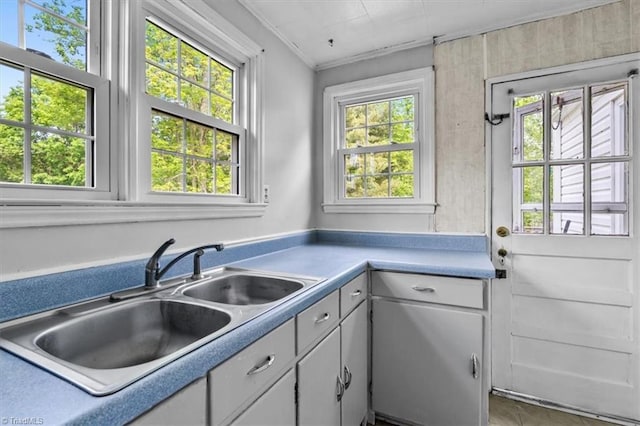 kitchen with light countertops, ornamental molding, and a sink