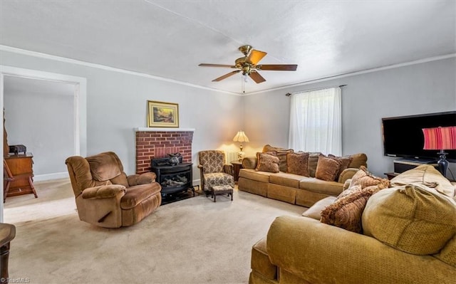 carpeted living area with crown molding, a ceiling fan, and a wood stove