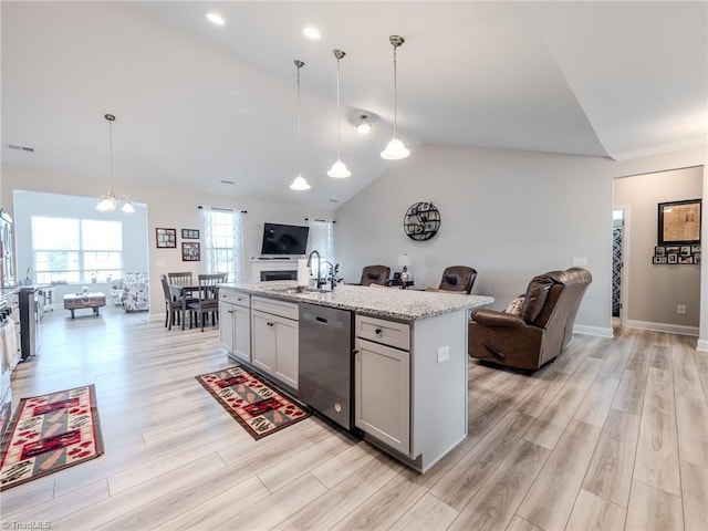 109 Red Maple Way, King, NC 27021 - kitchen featuring open floor plan, dishwasher, lofted ceiling, a sink, and gray cabinetry