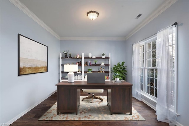 office area with ornamental molding and dark hardwood / wood-style flooring