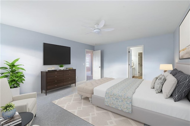 bedroom with light carpet and ceiling fan