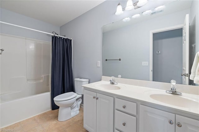 full bathroom with vanity, tile patterned flooring, shower / bath combo, and toilet