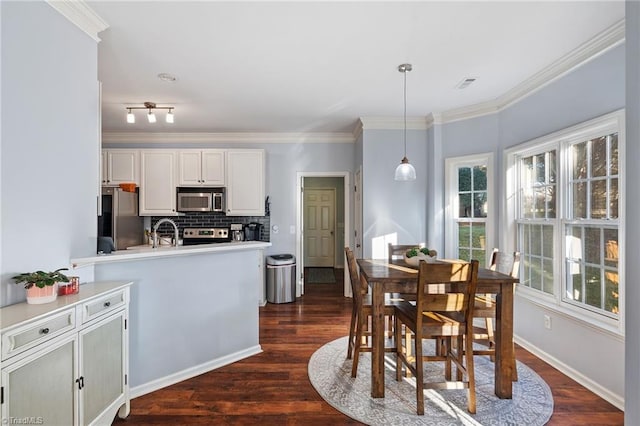 dining room with ornamental molding, dark hardwood / wood-style floors, and sink