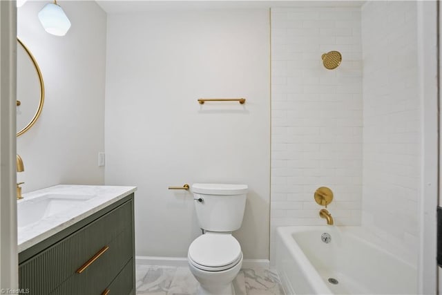 bathroom with vanity, baseboards, shower / tub combination, toilet, and marble finish floor