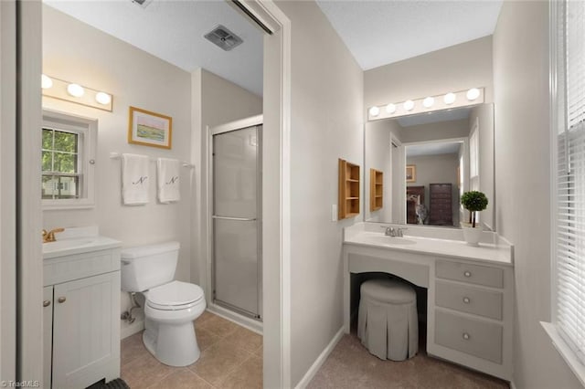 full bath featuring vanity, a shower stall, toilet, and visible vents