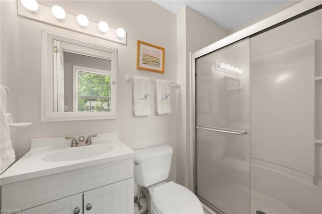 bathroom with vanity, toilet, and a stall shower