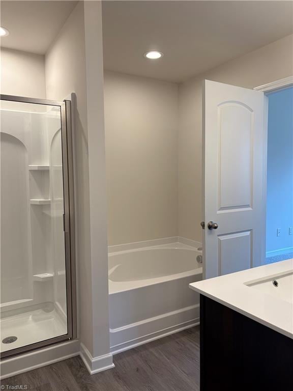 2892 Tysinger Rd, Denton, NC 27239 - full bath featuring wood finished floors, a garden tub, vanity, a shower stall, and recessed lighting