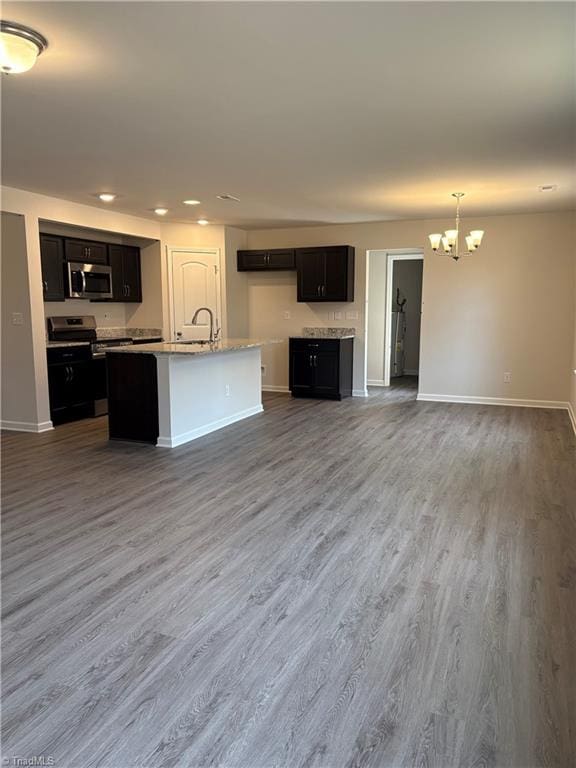 2892 Tysinger Rd, Denton, NC 27239 - kitchen with appliances with stainless steel finishes, a chandelier, open floor plan, baseboards, and wood finished floors