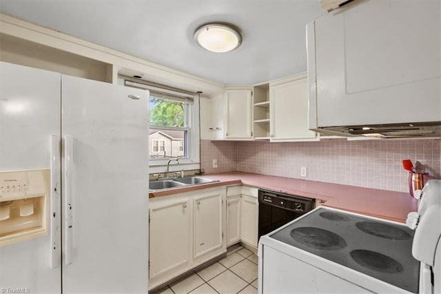kitchen with white appliances, open shelves, a sink, and tasteful backsplash