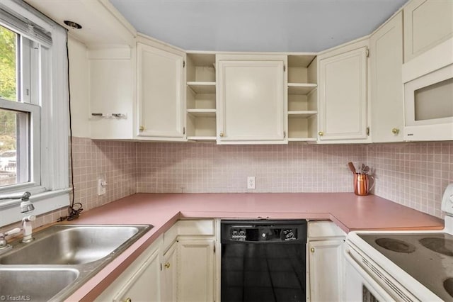 kitchen with open shelves, a sink, decorative backsplash, and white appliances