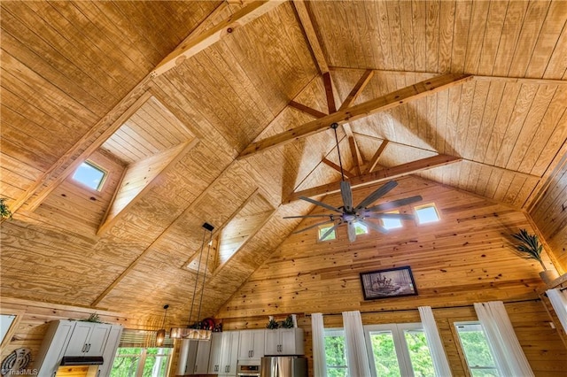 detailed view of freestanding refrigerator, decorative light fixtures, wooden ceiling, oven, and a ceiling fan