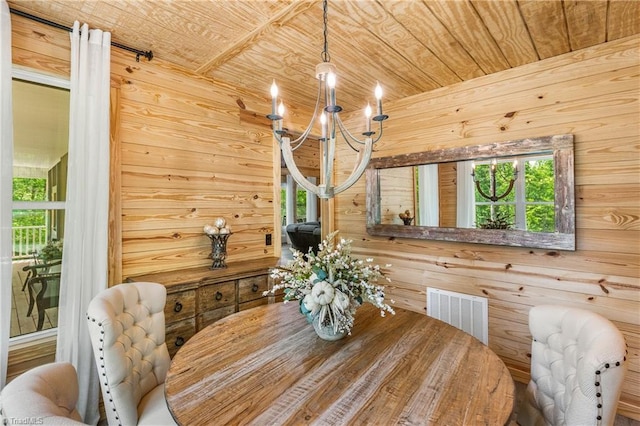 dining room featuring wood ceiling, wood walls, and a chandelier