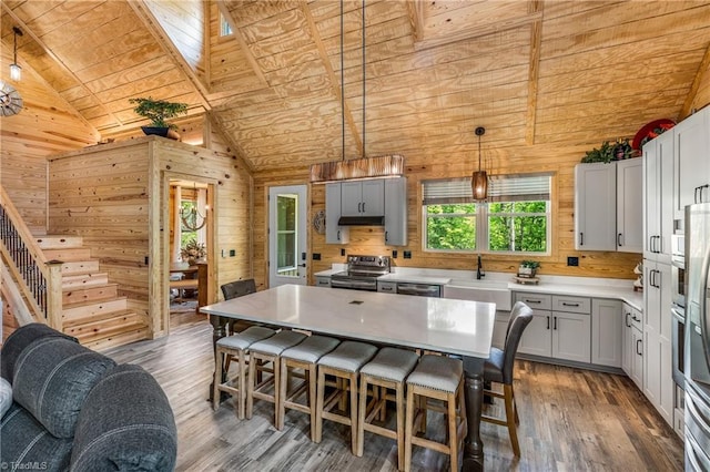kitchen with wooden ceiling, appliances with stainless steel finishes, a sink, vaulted ceiling, and wood-type flooring