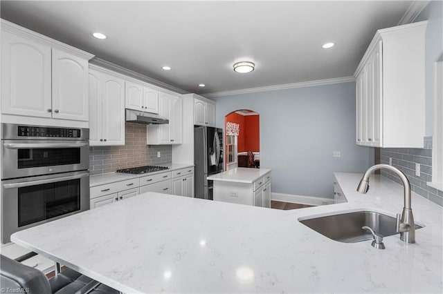 6147 Olde Fields Way, Pfafftown, NC 27040 - kitchen with stainless steel appliances, arched walkways, under cabinet range hood, a center island, and light stone countertops